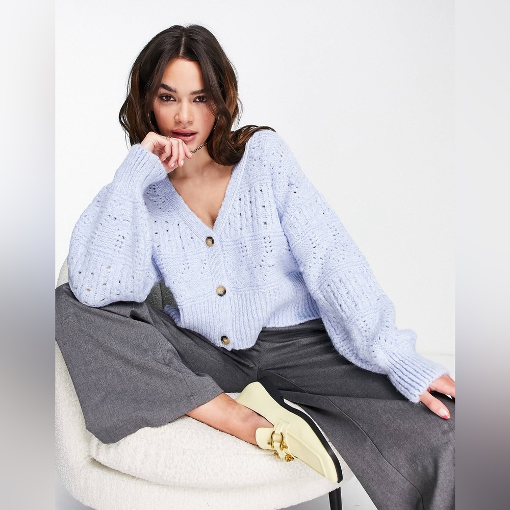 Topshop Stitchy Cardi In Pale Blue
